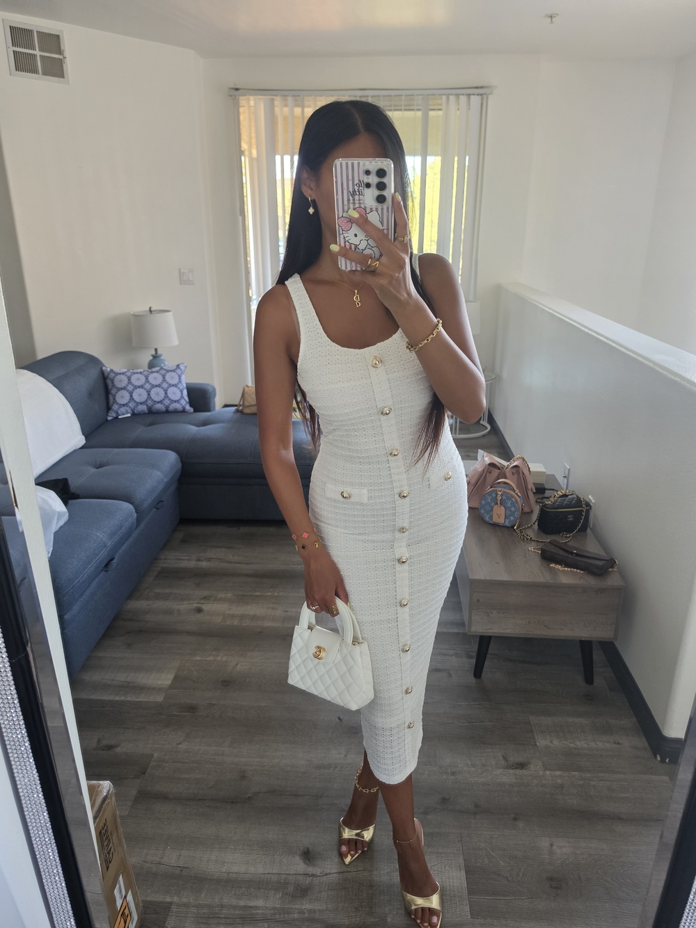 Classic White Button-Front Tweed Midi Dress - Picture 8 of 16
